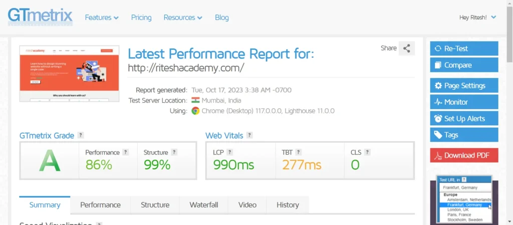 WordPress website performance with India Mumbai test server location with Gtmetrix